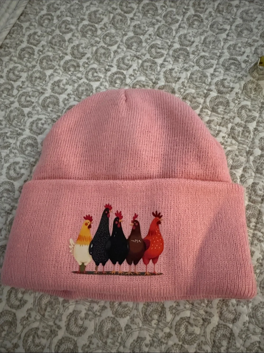 Pink Knit Beanie with Colorful Chicken Motif